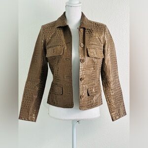 Newport News Croc Embossed Brown Leather Jacket Size 4